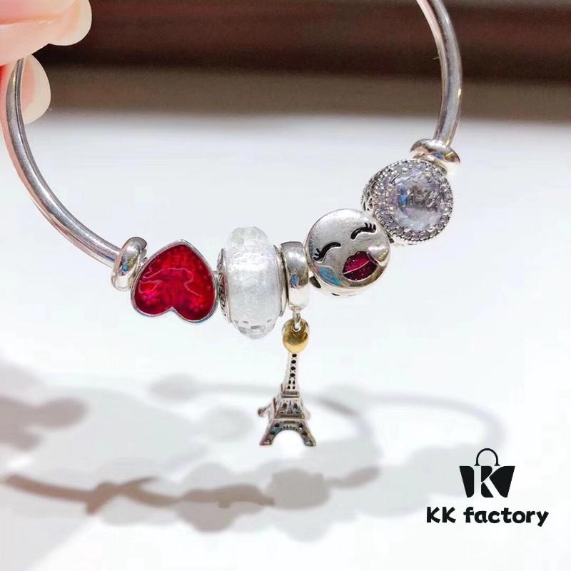 Pandora Pandora Colorful World New Arrival! White Faceted Glass, Sparkling Diamond-Cut Cat Eye Bead, Color-Block Smiling Lip Charm Paired with Valentine's Day Heart Enamel Bead and Romantic Eiffel Tower Pendant, Made with S925 Silver and Official Packaging