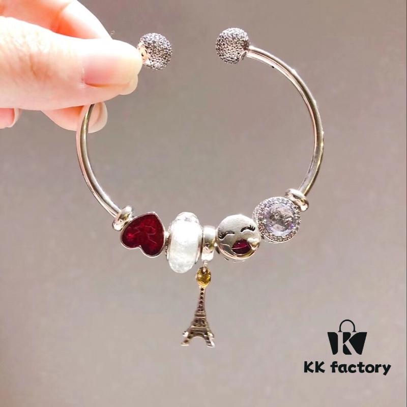 Pandora Pandora Colorful World New Arrival! White Faceted Glass, Sparkling Diamond-Cut Cat Eye Bead, Color-Block Smiling Lip Charm Paired with Valentine's Day Heart Enamel Bead and Romantic Eiffel Tower Pendant, Made with S925 Silver and Official Packaging