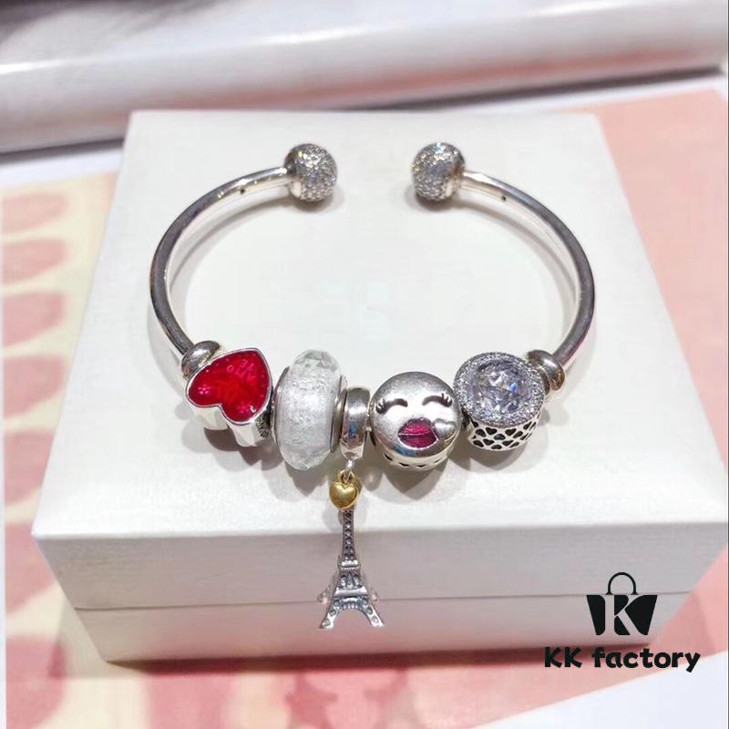 Pandora Pandora Colorful World New Arrival! White Faceted Glass, Sparkling Diamond-Cut Cat Eye Bead, Color-Block Smiling Lip Charm Paired with Valentine's Day Heart Enamel Bead and Romantic Eiffel Tower Pendant, Made with S925 Silver and Official Packaging
