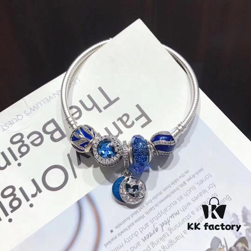 Pandora Pandora Blue Star and Moon New Arrival! Highest Quality on Market, Supports Counter Cleaning! Made with Authentic Counter Materials, Perfect 1:1 Craftsmanship! Imported Thai Original Silver Wire with Brilliant Blue Cat's Eye Snowflake Beads, Light of Love Bead, Blue Lucky Charm Bead, Star and Moon Pendant. S925 Silver with Official Packaging!