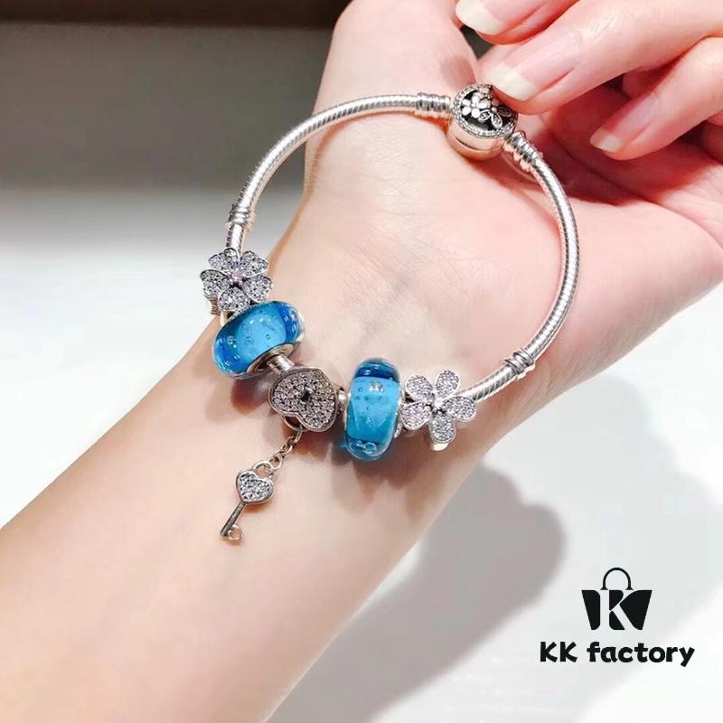 Pandora Bubble Blue Sparkling Diamond Heart Lock and Key Pendant