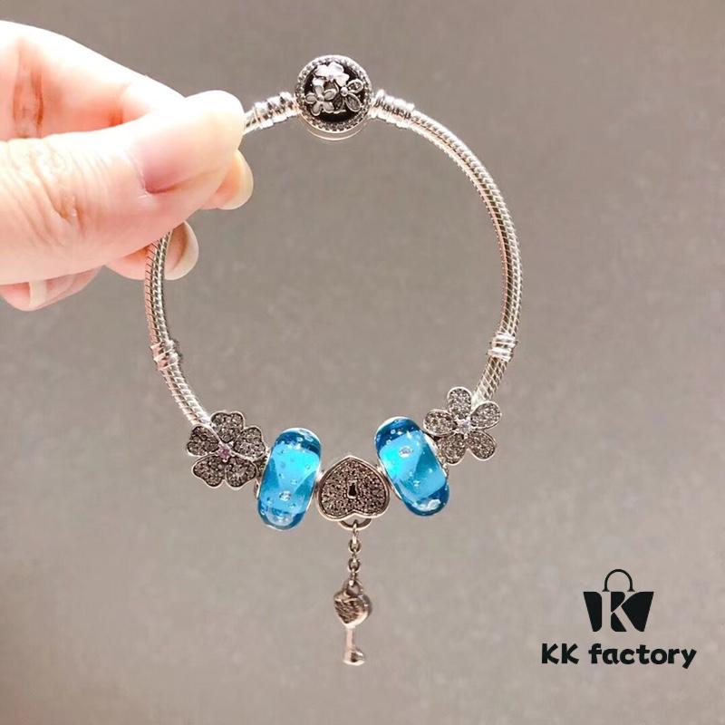 Pandora Bubble Blue Sparkling Diamond Heart Lock and Key Pendant