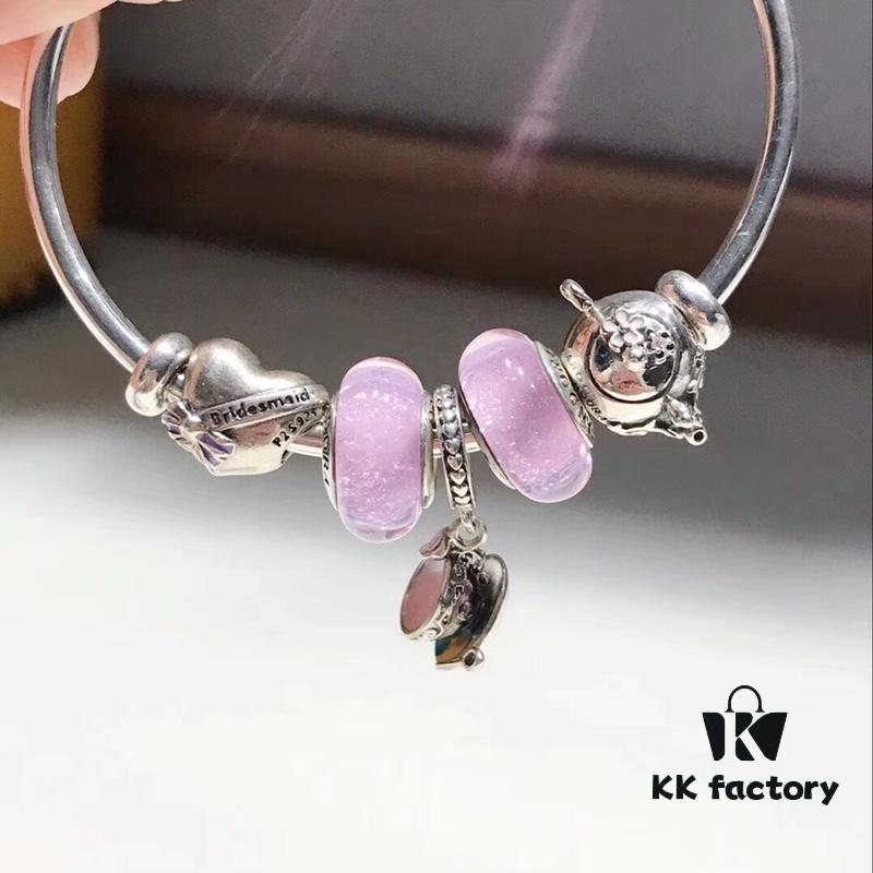 Pandora Afternoon Tea Collection - Elegant Purple Glow Bead with Heart Bow, Teapot Fairy, and Pink Cup Design
