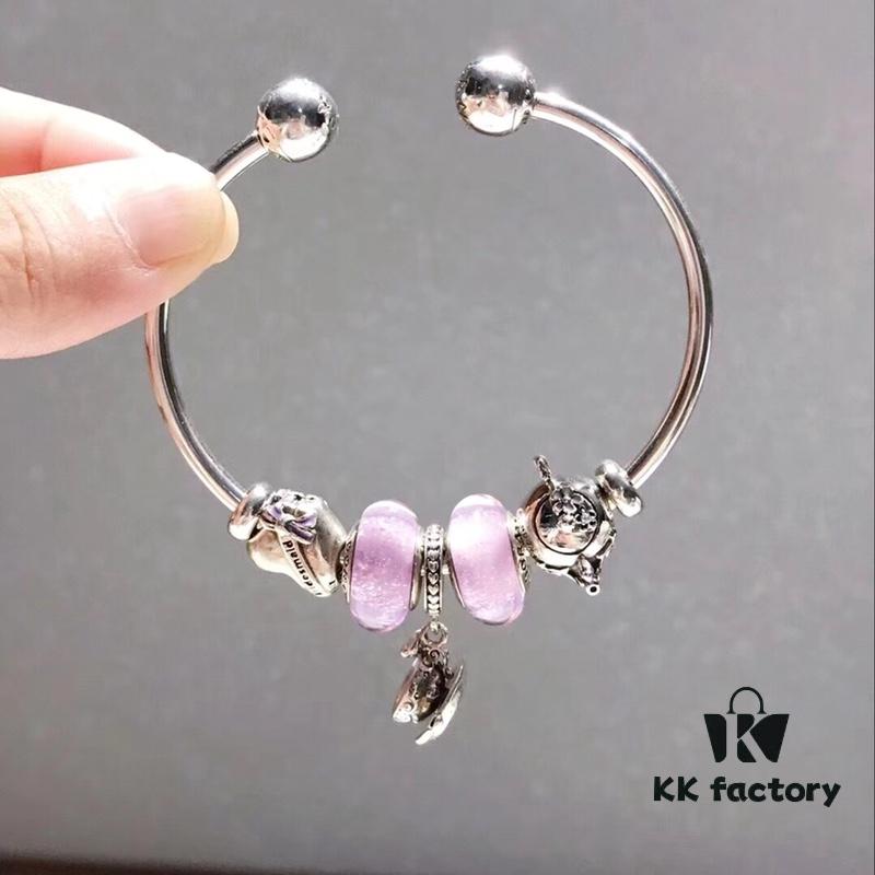 Pandora Afternoon Tea Collection - Elegant Purple Glow Bead with Heart Bow, Teapot Fairy, and Pink Cup Design