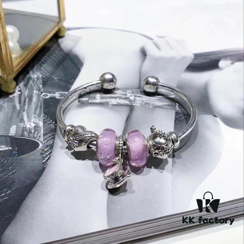 Pandora Afternoon Tea Collection - Elegant Purple Glow Bead with Heart Bow, Teapot Fairy, and Pink Cup Design