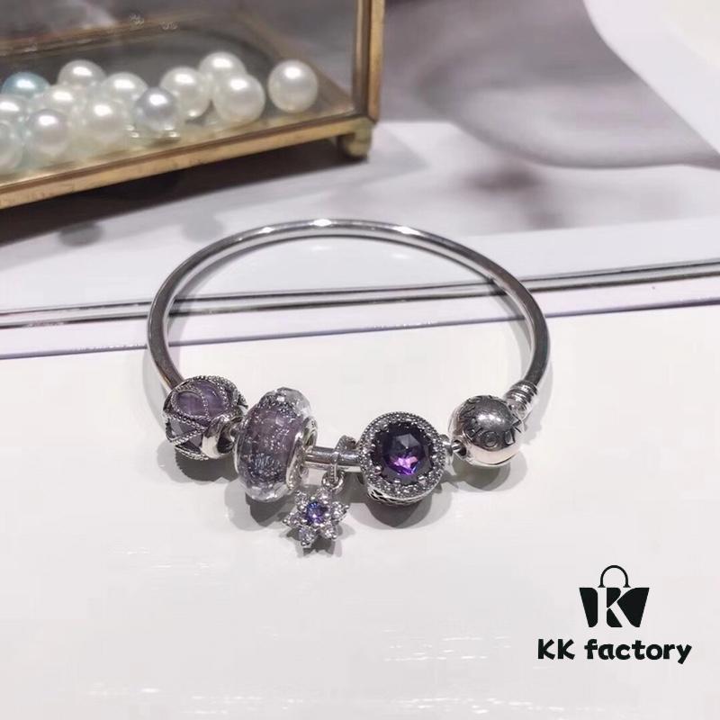 Pandora Purple Bauhinia Flower Pendant with Silver Wire and Deep Purple Cat's Eye Glass Cabochon, Thai Imported High-Grade Sparkling Glass, S925 Sterling Silver, Comes with Retail Packaging