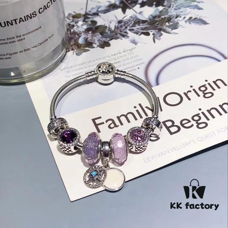 Pandora Imitation Level: Two-Tone Romantic Pink-Purple North Star New Arrival! Silver Wire with Pink-Purple Faceted Glass, Sparkling Pink-Purple Cat's Eye, North Star Pendant, S925 Silver with Original Retail Packaging!