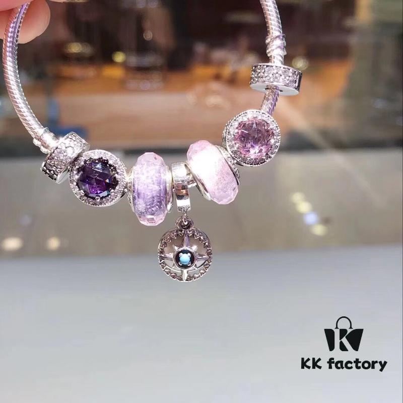 Pandora Imitation Level: Two-Tone Romantic Pink-Purple North Star New Arrival! Silver Wire with Pink-Purple Faceted Glass, Sparkling Pink-Purple Cat's Eye, North Star Pendant, S925 Silver with Original Retail Packaging!