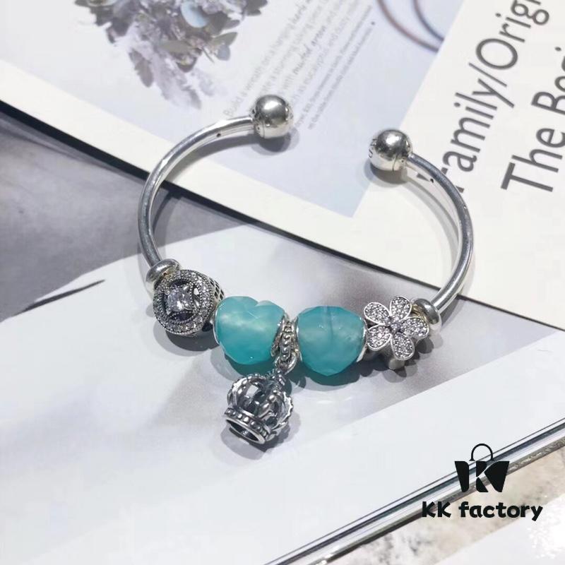 Pandora Pandora Mint Heart Crown New Arrival! Faceted Glass Mint Heart, Sparkling Diamond Coin Bead, Diamond Cherry Blossom, Hollow Crown, S925 Silver with Original Packaging