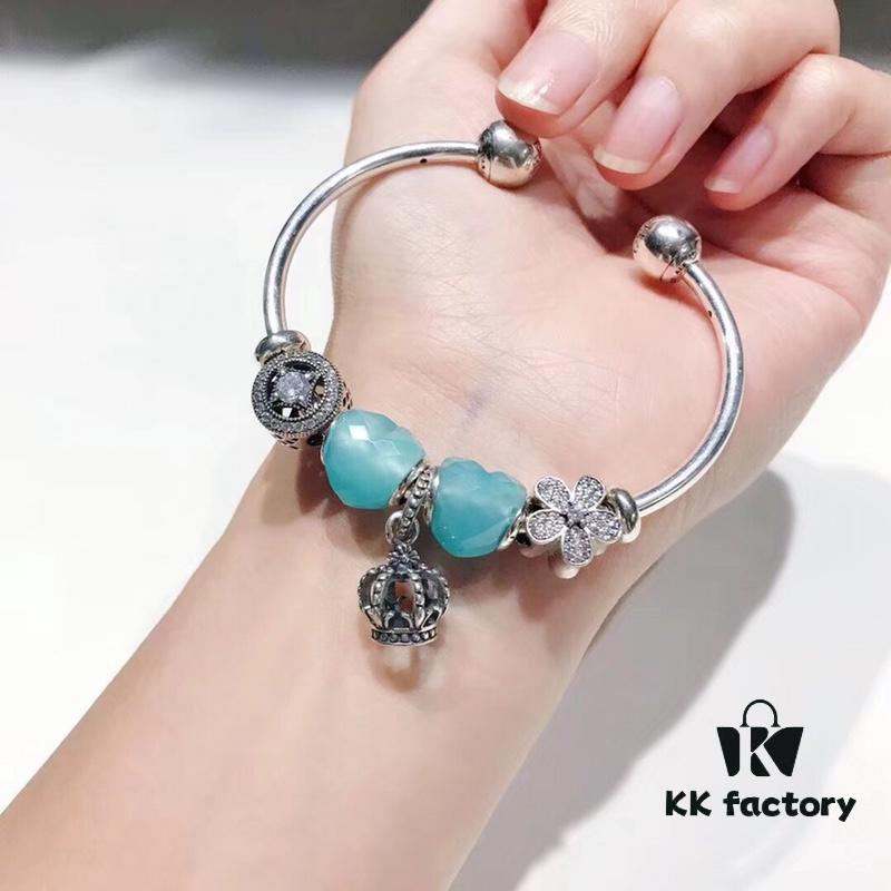 Pandora Pandora Mint Heart Crown New Arrival! Faceted Glass Mint Heart, Sparkling Diamond Coin Bead, Diamond Cherry Blossom, Hollow Crown, S925 Silver with Original Packaging