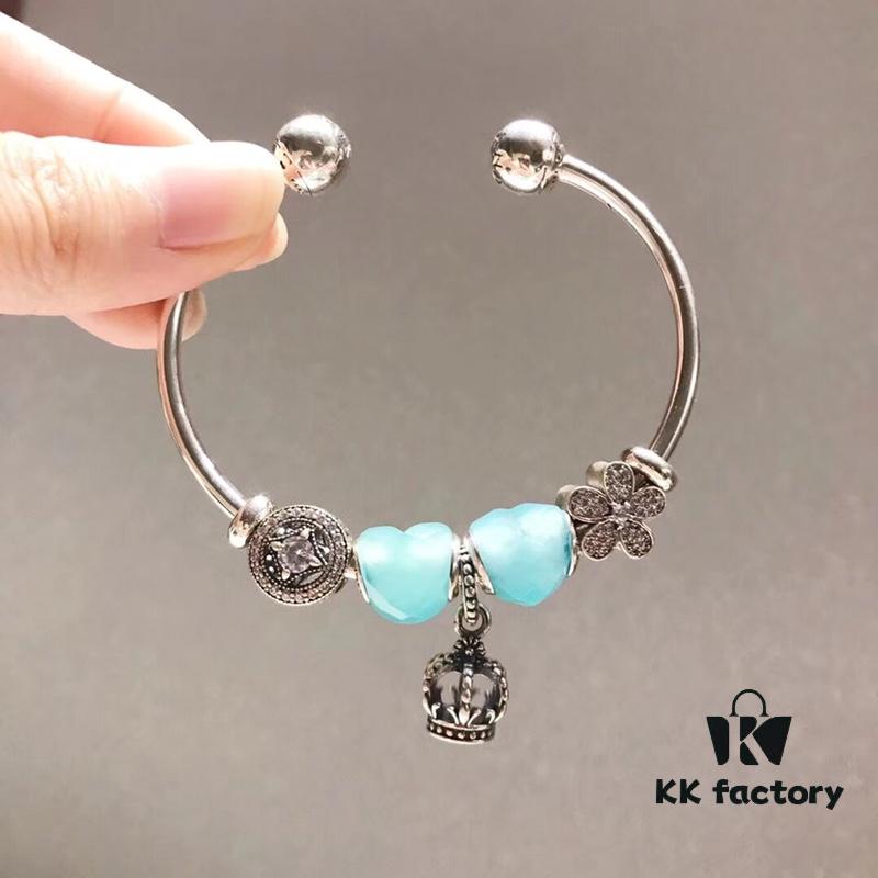 Pandora Pandora Mint Heart Crown New Arrival! Faceted Glass Mint Heart, Sparkling Diamond Coin Bead, Diamond Cherry Blossom, Hollow Crown, S925 Silver with Original Packaging