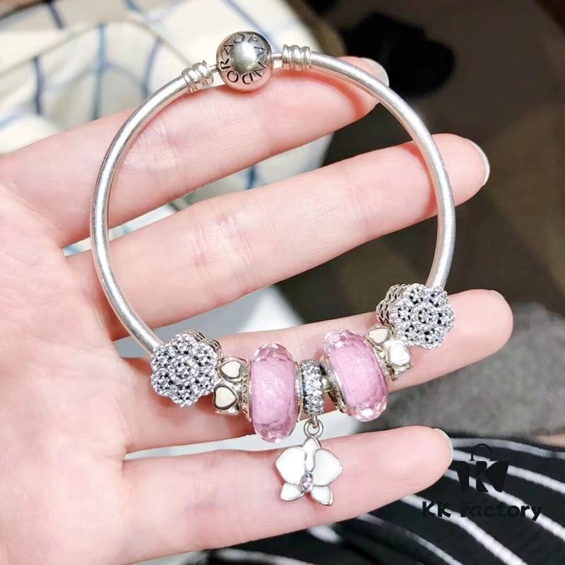 Pandora Silver Pink Elegant Orchid New Arrival! Silver pink faceted glass beads, heart spacer bead, elegant orchid pendant, sparkling diamond-like snowflake charm, S925 silver with official boutique packaging!