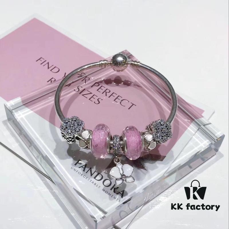 Pandora Silver Pink Elegant Orchid New Arrival! Silver pink faceted glass beads, heart spacer bead, elegant orchid pendant, sparkling diamond-like snowflake charm, S925 silver with official boutique packaging!