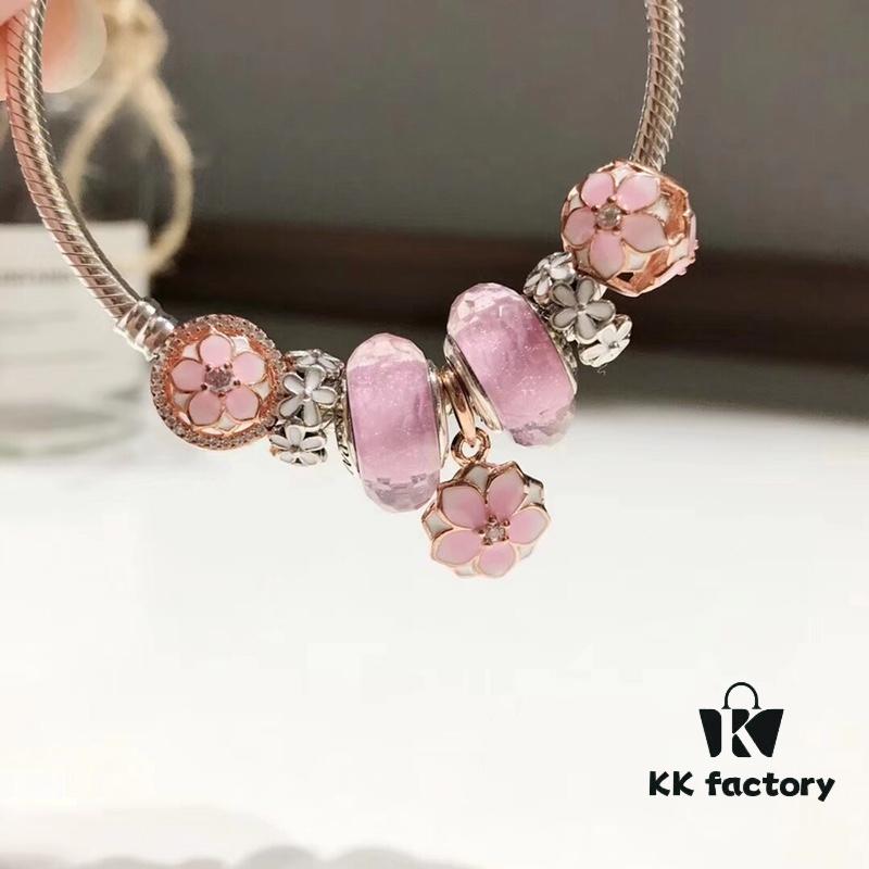 Pandora Rose Elegant Pink Peach Blossom 🌸 New Arrival! High-Quality Replica with Mall-Quality Materials, Perfect Craftsmanship Comparable to Authentic Counter Version! Featuring Silver Wire, Pink Faceted Glass Beads, Delicate Cherry Blossom Spacers, Hollow Pink Rose Peach Blossom Design, S925 Sterling Silver with Original Packaging!
