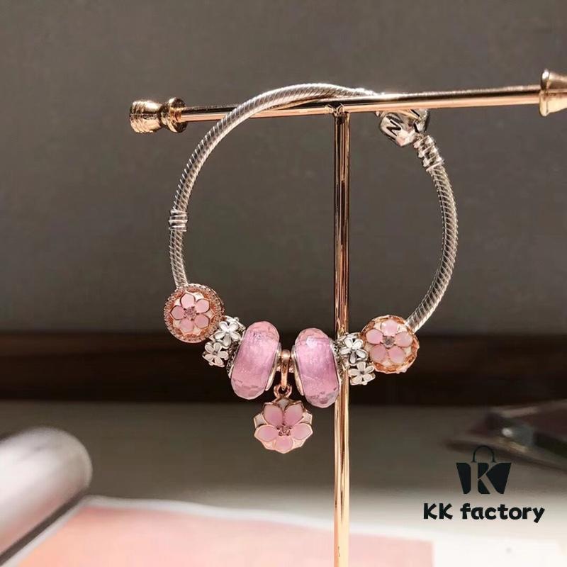 Pandora Rose Elegant Pink Peach Blossom 🌸 New Arrival! High-Quality Replica with Mall-Quality Materials, Perfect Craftsmanship Comparable to Authentic Counter Version! Featuring Silver Wire, Pink Faceted Glass Beads, Delicate Cherry Blossom Spacers, Hollow Pink Rose Peach Blossom Design, S925 Sterling Silver with Original Packaging!