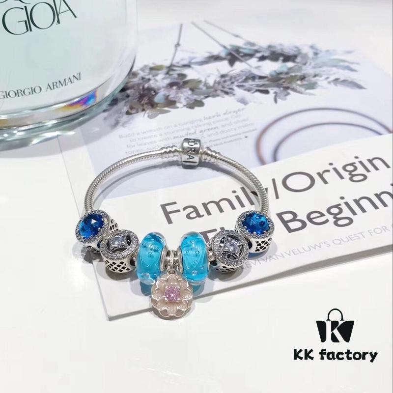 Pandora Bubble Blue Flower Cherry Blossom New Arrival! 1:1 Perfect Craftsmanship with Counter Materials, Bubble Blue Glass, Wealth Coin Charm, Heart of the Ocean, Pink Diamond Flower Pendant, S925 Silver with Original Packaging