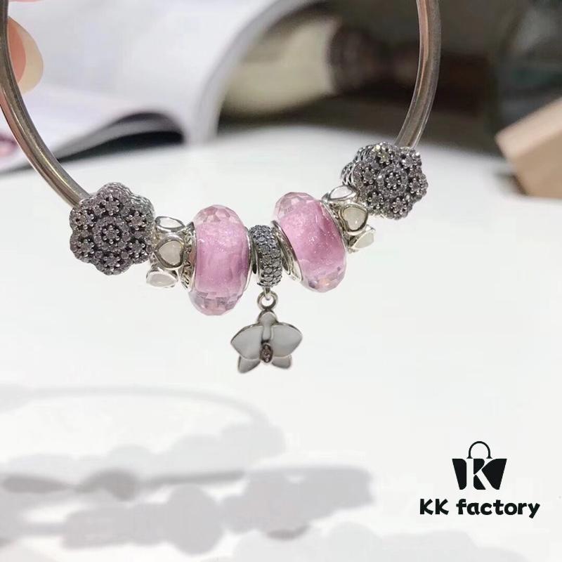 Pandora Silver Pink Elegant Orchid New Arrival! Silver pink faceted glass beads, heart spacer bead, elegant orchid pendant, sparkling diamond-like snowflake charm, S925 silver with official boutique packaging!