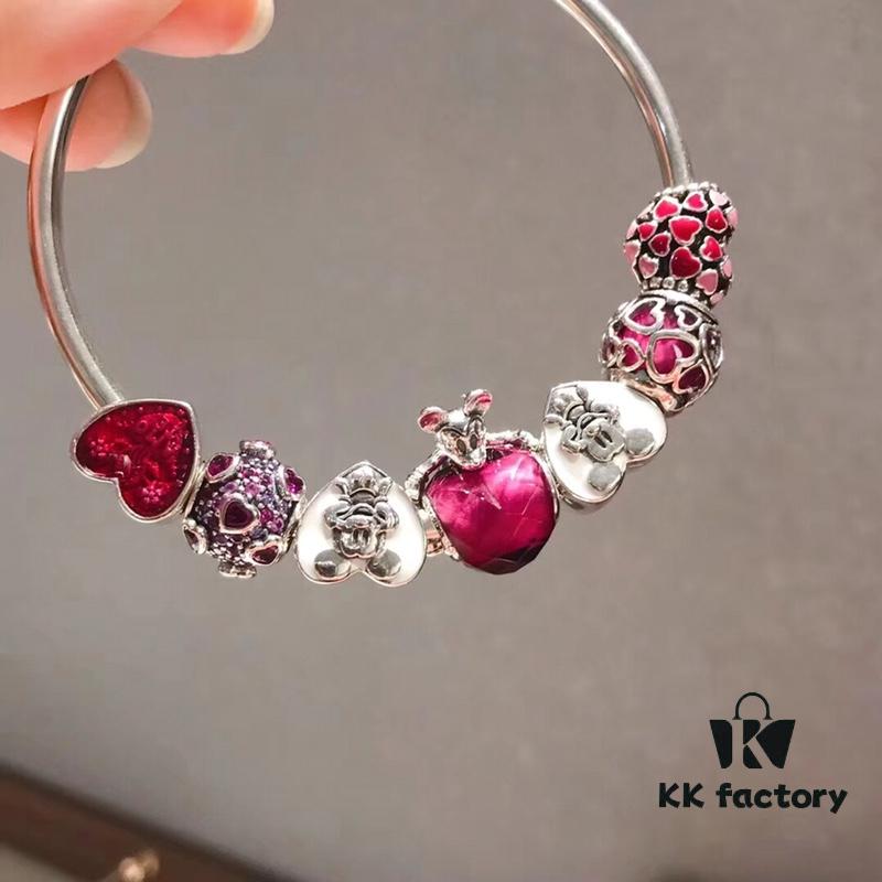 Pandora Disney Limited Edition Cute Mickey Heart Pink Enamel Murano Glass Bead Silver Bracelet