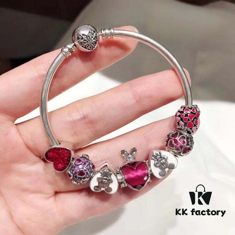 Pandora Disney Limited Edition Cute Mickey Heart Pink Enamel Murano Glass Bead Silver Bracelet