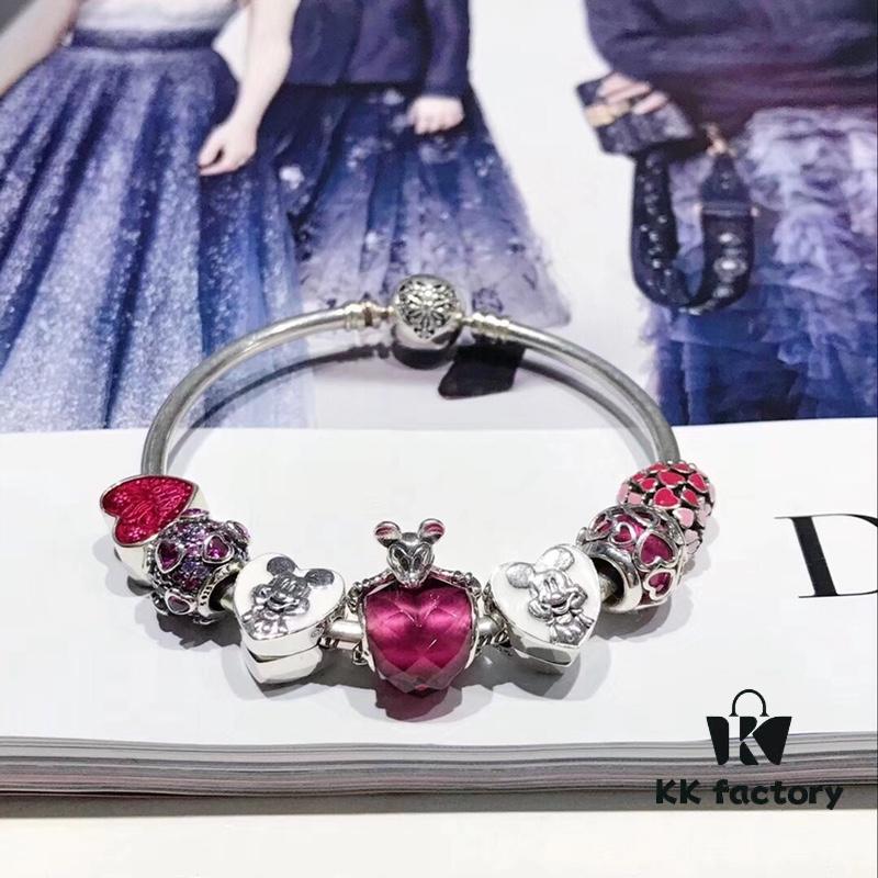 Pandora Disney Limited Edition Cute Mickey Heart Pink Enamel Murano Glass Bead Silver Bracelet