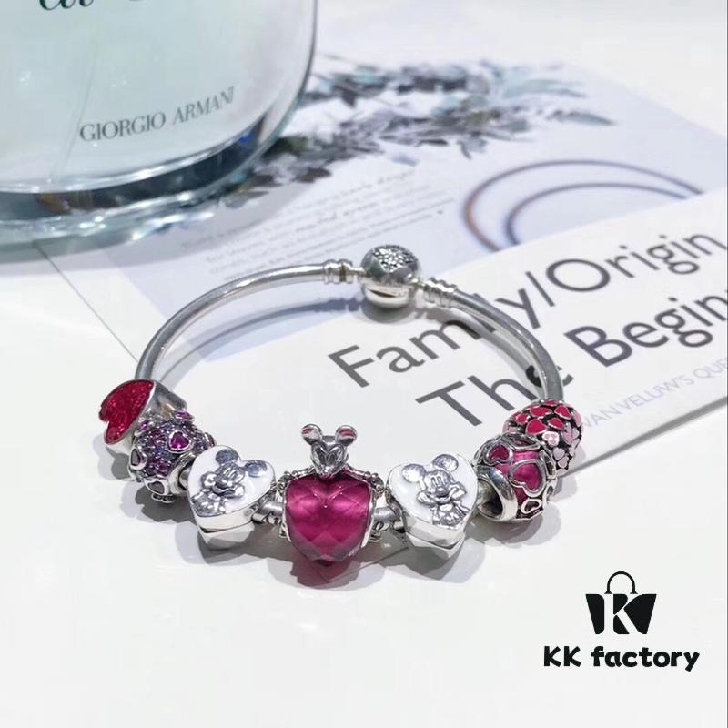 Pandora Disney Limited Edition Cute Mickey Heart Pink Enamel Murano Glass Bead Silver Bracelet