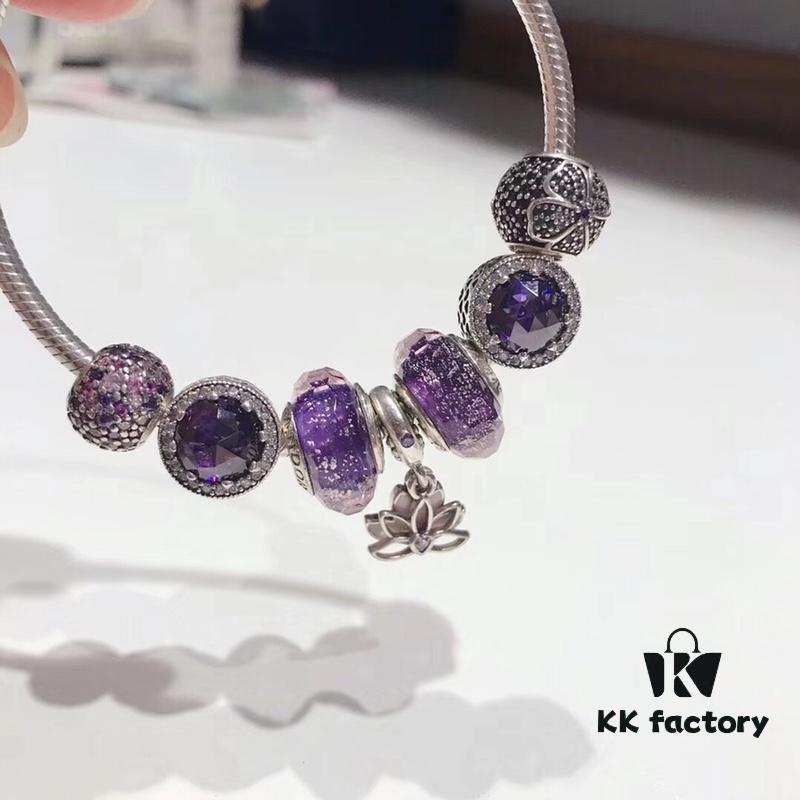 Pandora Imitation Level Purple Calm Lotus New Arrival! Silver Wire Purple Faceted Glass, Deep Purple Shiny Heart, Calm Lotus Design, S925 Silver with Original Packaging