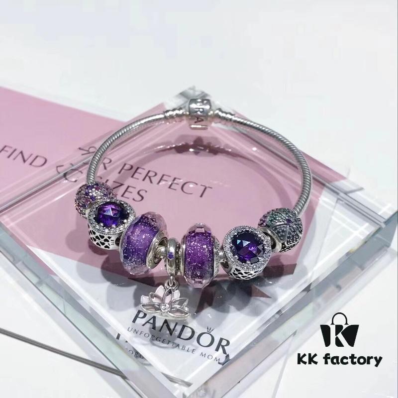 Pandora Imitation Level Purple Calm Lotus New Arrival! Silver Wire Purple Faceted Glass, Deep Purple Shiny Heart, Calm Lotus Design, S925 Silver with Original Packaging