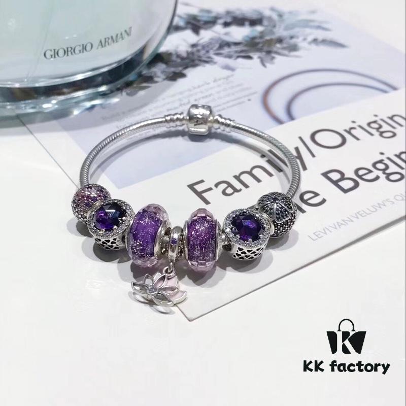 Pandora Imitation Level Purple Calm Lotus New Arrival! Silver Wire Purple Faceted Glass, Deep Purple Shiny Heart, Calm Lotus Design, S925 Silver with Original Packaging