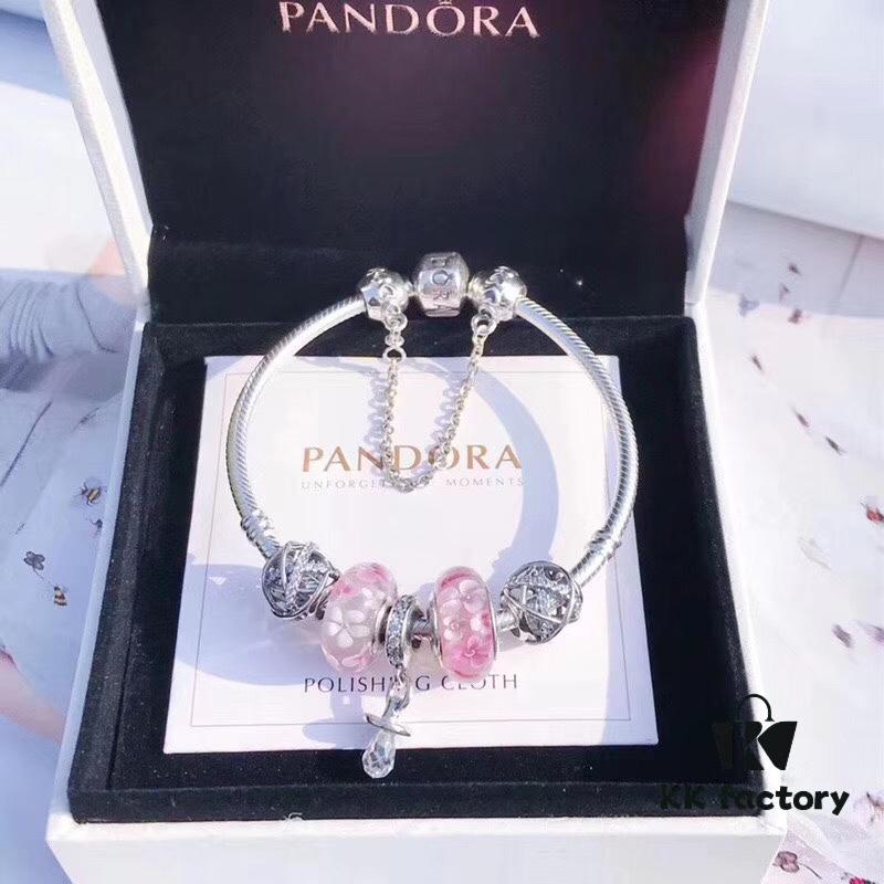 Pandora Cute Peach Blossom Sparkling Pendant Necklace - S925 Silver, Luminous Enamel Flower, Diamond-Cut Star Bead, Heart Safety Chain, Pacifier Charm, Box Chain Design