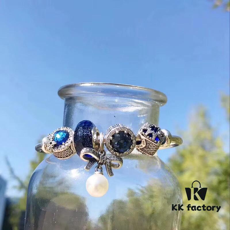Pandora Blue Pearl Bow Knot Bracelet - New Arrival with Sparkling Blue Faceted Glass and Snowflake Cat's Eye