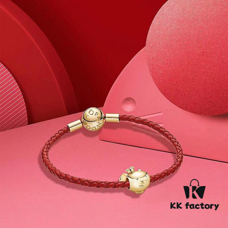 Pandora New Year of the Rat Red String Bracelet, Customizable Size, 18K Gold Plated Copper-Silver Alloy