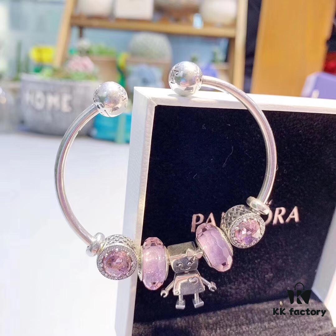 Pandora Pandora Silver Wire Purple Bella New Arrival, Silver Wire Purple Faceted Glass, Sparkling Diamond Pink Cat's Eye, Cute Robot 🤖 Bella Pendant, S925 Silver with Original Retail Packaging!