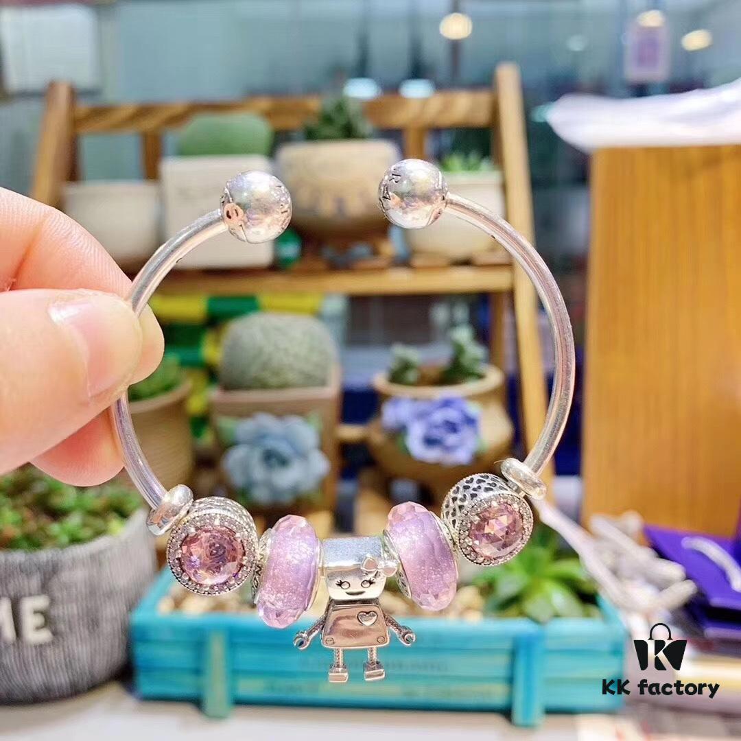 Pandora Pandora Silver Wire Purple Bella New Arrival, Silver Wire Purple Faceted Glass, Sparkling Diamond Pink Cat's Eye, Cute Robot 🤖 Bella Pendant, S925 Silver with Original Retail Packaging!