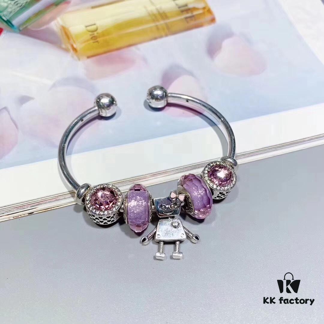 Pandora Pandora Silver Wire Purple Bella New Arrival, Silver Wire Purple Faceted Glass, Sparkling Diamond Pink Cat's Eye, Cute Robot 🤖 Bella Pendant, S925 Silver with Original Retail Packaging!