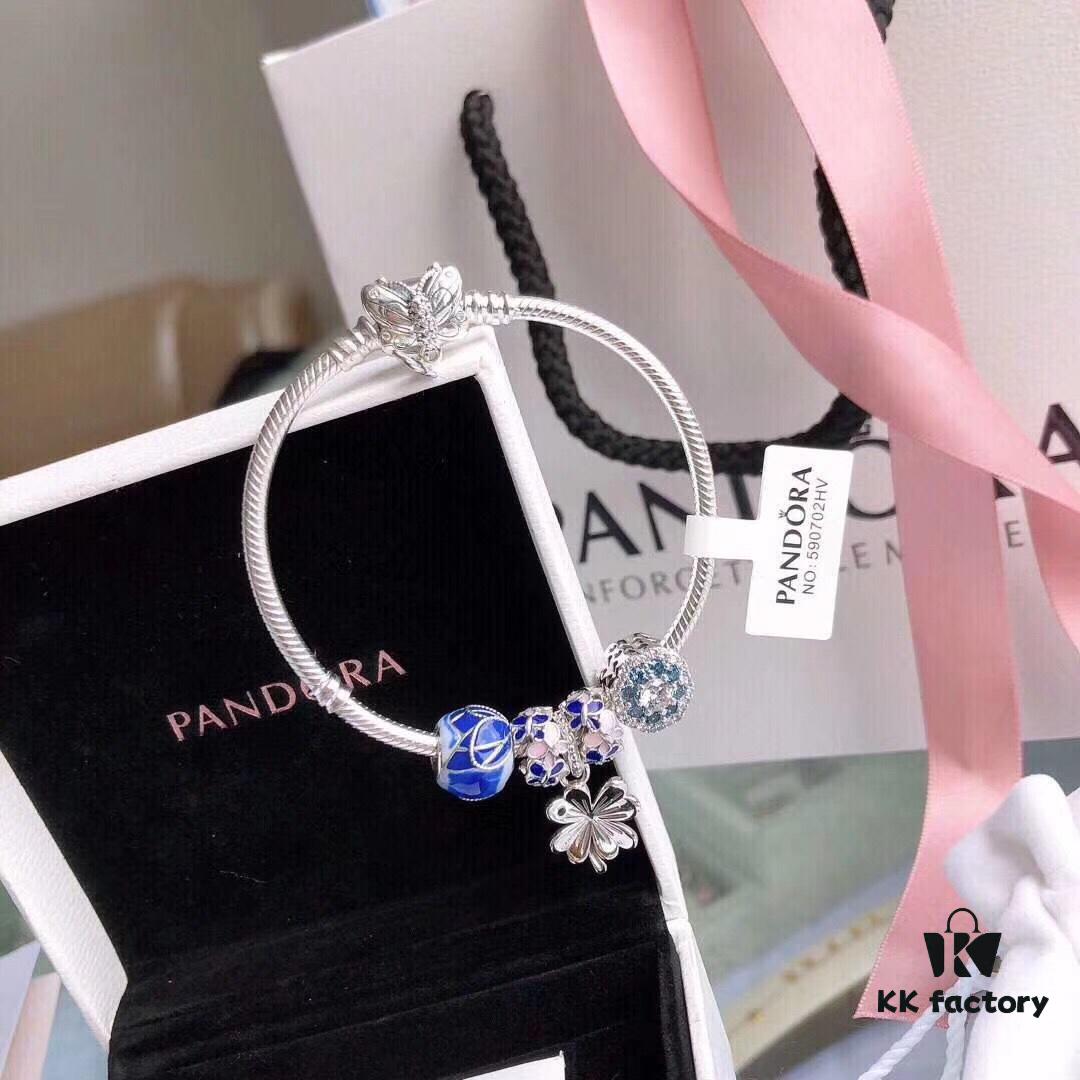 Pandora 'Blue Butterfly Wings' Silver Butterfly Snake Bone Bracelet Set, Same as Official Website Version