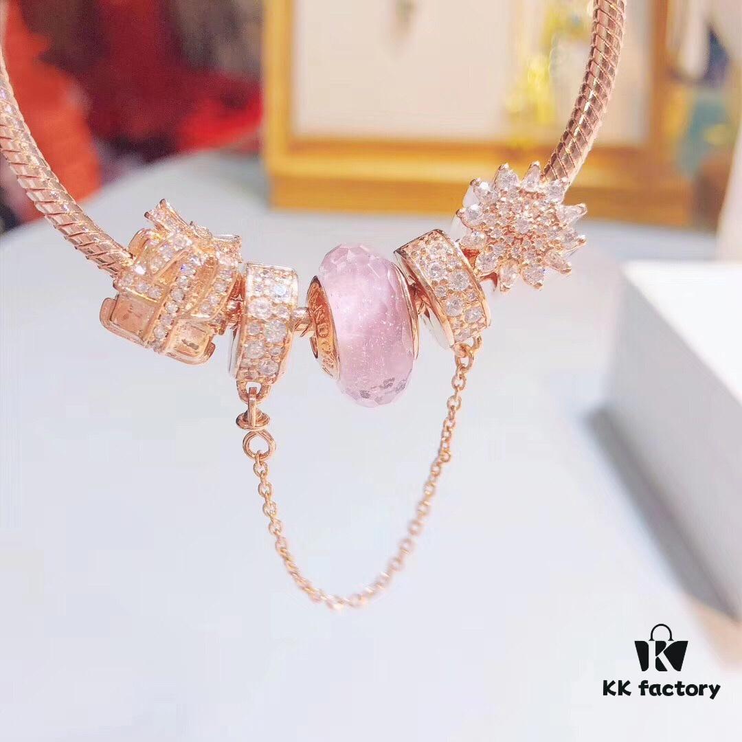 Pandora Rose Pink Sparkling Diamond Gift Box Set, Silver Wire Pink Faceted Glass, Imitation Snowflake Design, Authentic-Like Material and Craftsmanship