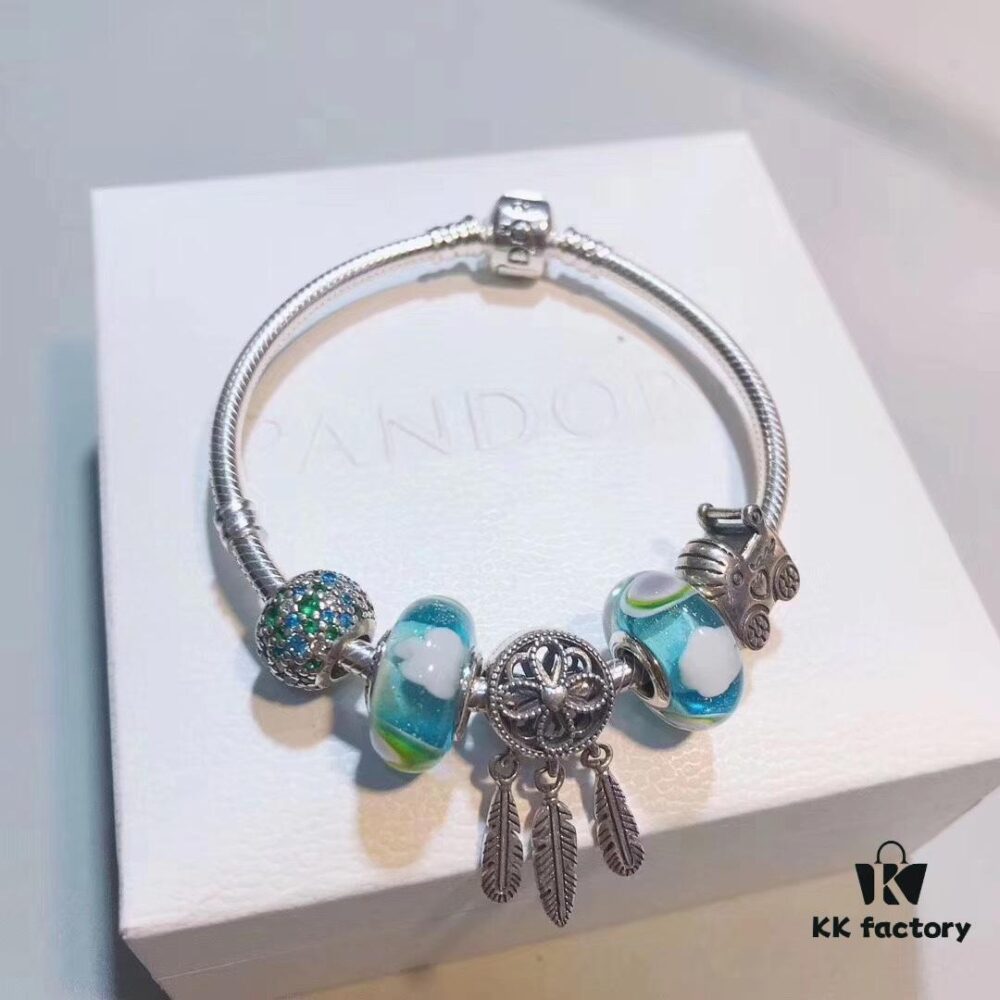 Pandora Rainbow Dreamcatcher New Arrival, Rainbow Glass, Blue Sparkling Bead, Cute Baby Stroller Charm, Meaningful Dreamcatcher Pendant