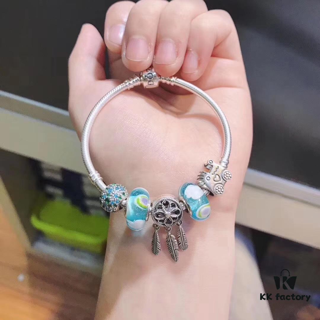Pandora Rainbow Dreamcatcher New Arrival, Rainbow Glass, Blue Sparkling Bead, Cute Baby Stroller Charm, Meaningful Dreamcatcher Pendant