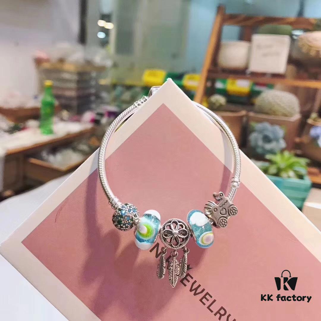 Pandora Rainbow Dreamcatcher New Arrival, Rainbow Glass, Blue Sparkling Bead, Cute Baby Stroller Charm, Meaningful Dreamcatcher Pendant