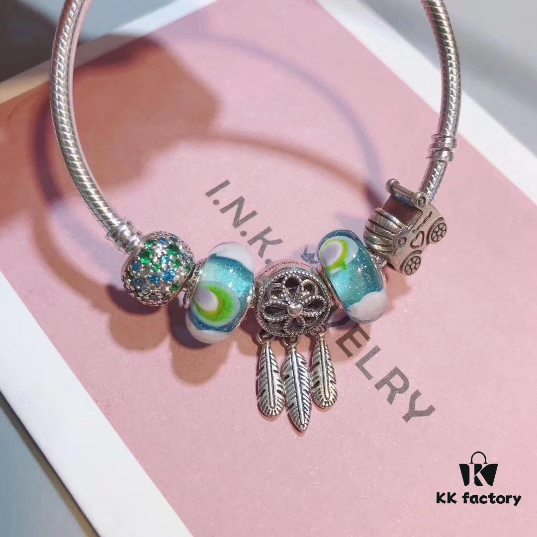 Pandora Rainbow Dreamcatcher New Arrival, Rainbow Glass, Blue Sparkling Bead, Cute Baby Stroller Charm, Meaningful Dreamcatcher Pendant