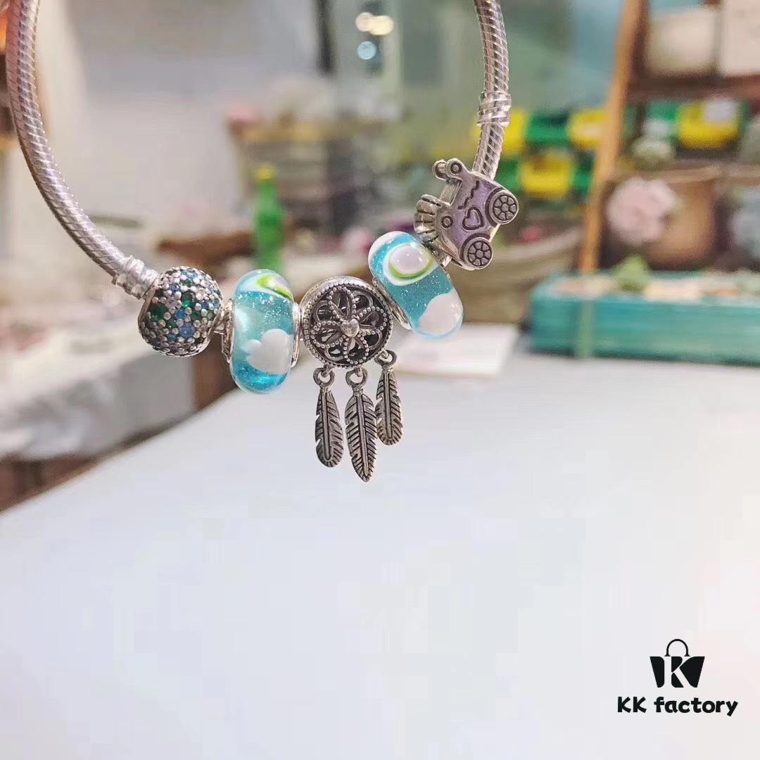 Pandora Rainbow Dreamcatcher New Arrival, Rainbow Glass, Blue Sparkling Bead, Cute Baby Stroller Charm, Meaningful Dreamcatcher Pendant
