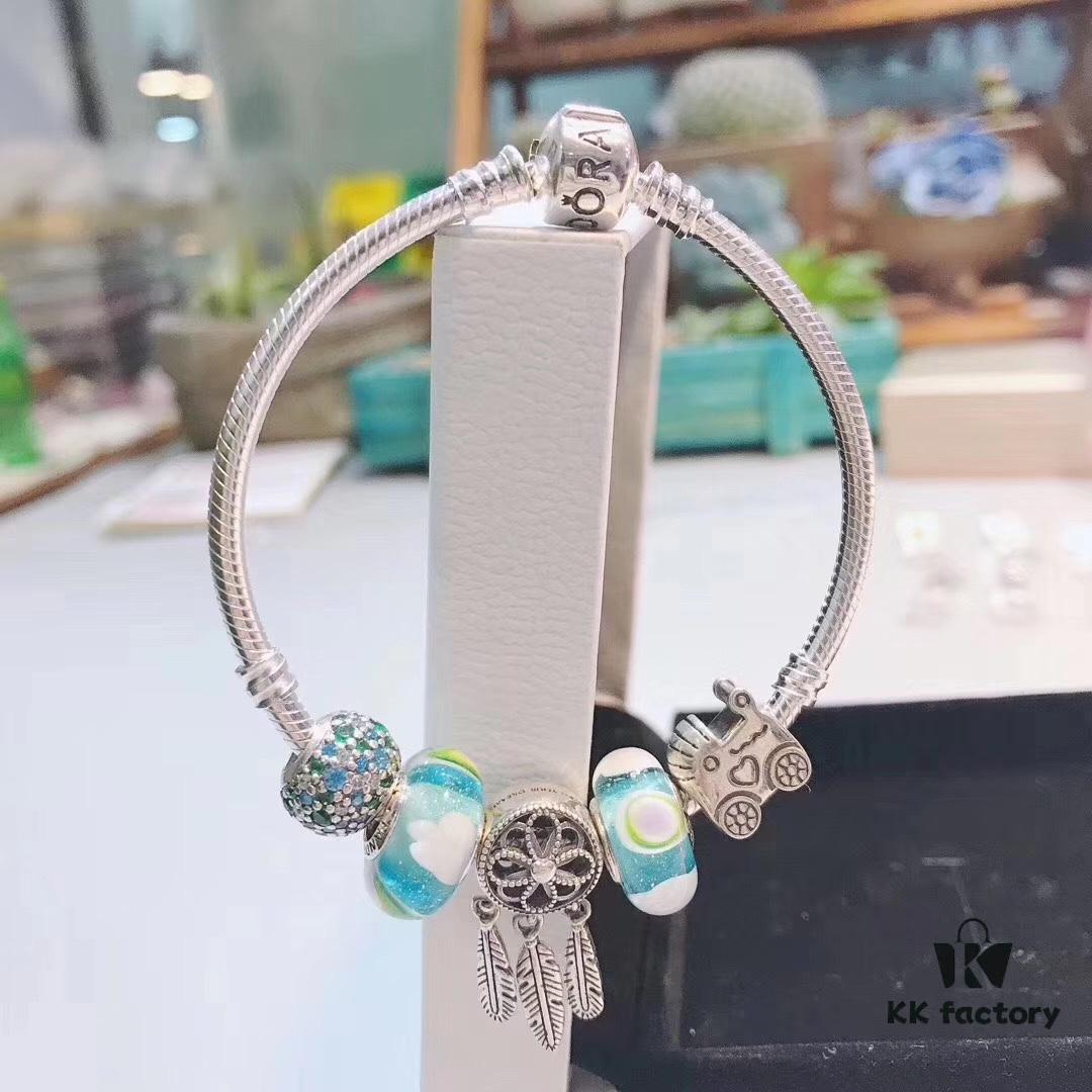 Pandora Rainbow Dreamcatcher New Arrival, Rainbow Glass, Blue Sparkling Bead, Cute Baby Stroller Charm, Meaningful Dreamcatcher Pendant