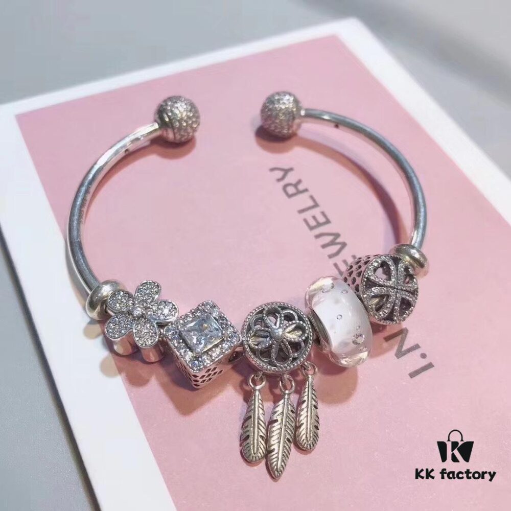 Pandora White Bubble Dreamcatcher Pendant with Sparkling Rhinestones, Daisy Flower, Hollow Four-Leaf Clover, and Cat's Eye Cubic Zirconia