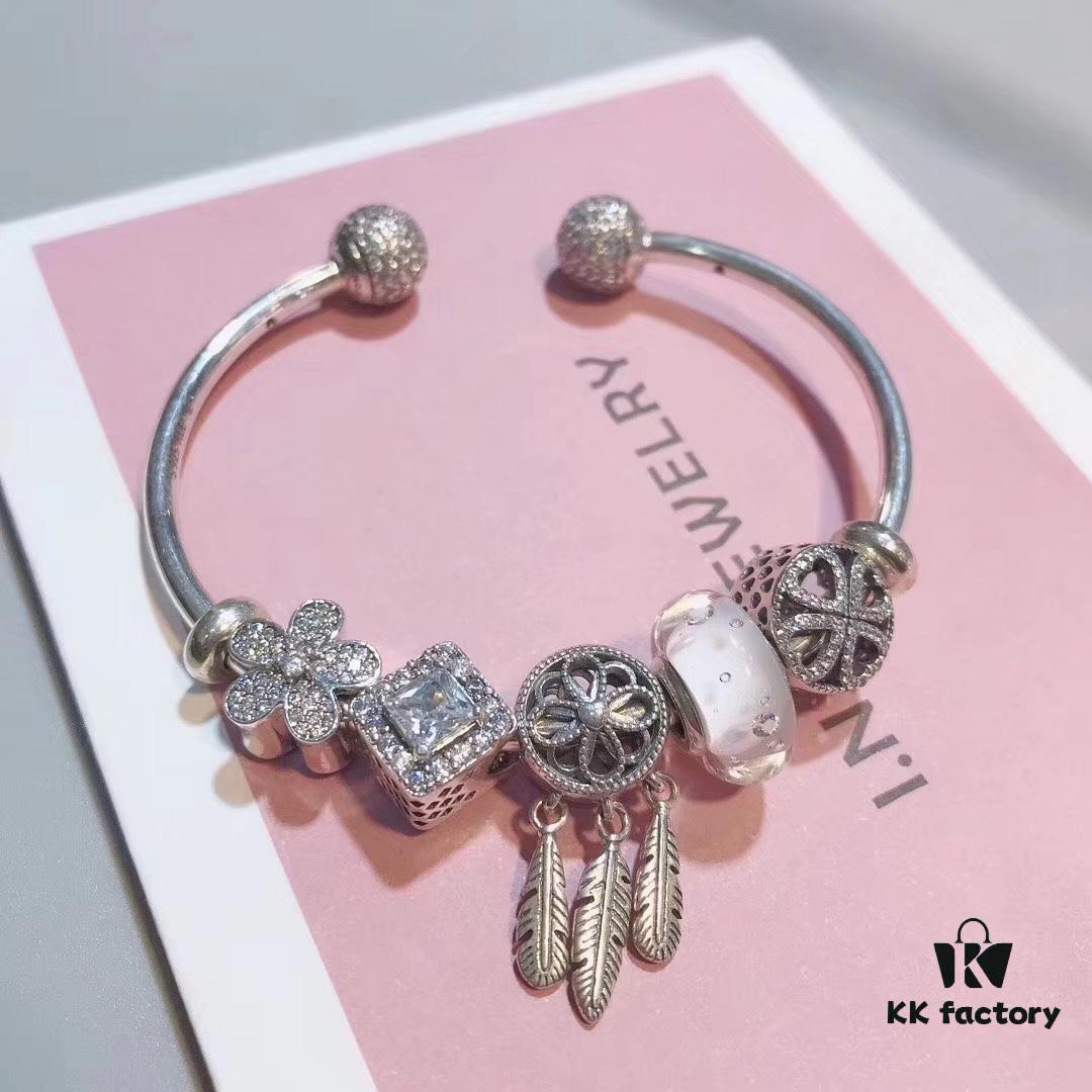 Pandora White Bubble Dreamcatcher Pendant with Sparkling Rhinestones, Daisy Flower, Hollow Four-Leaf Clover, and Cat's Eye Cubic Zirconia