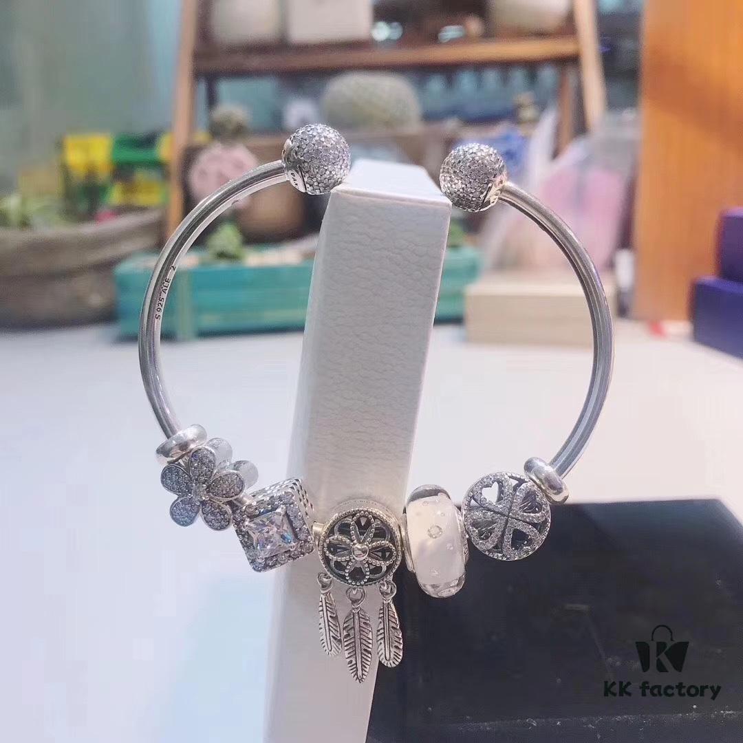 Pandora White Bubble Dreamcatcher Pendant with Sparkling Rhinestones, Daisy Flower, Hollow Four-Leaf Clover, and Cat's Eye Cubic Zirconia