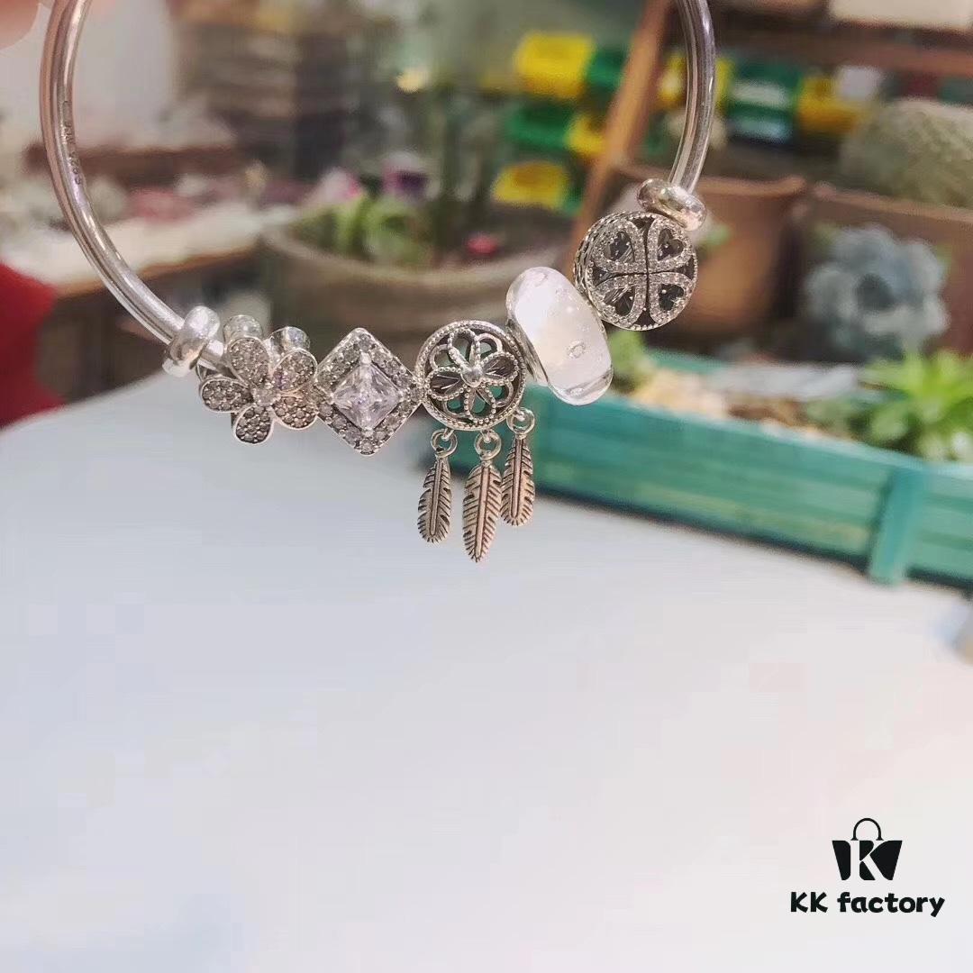 Pandora White Bubble Dreamcatcher Pendant with Sparkling Rhinestones, Daisy Flower, Hollow Four-Leaf Clover, and Cat's Eye Cubic Zirconia