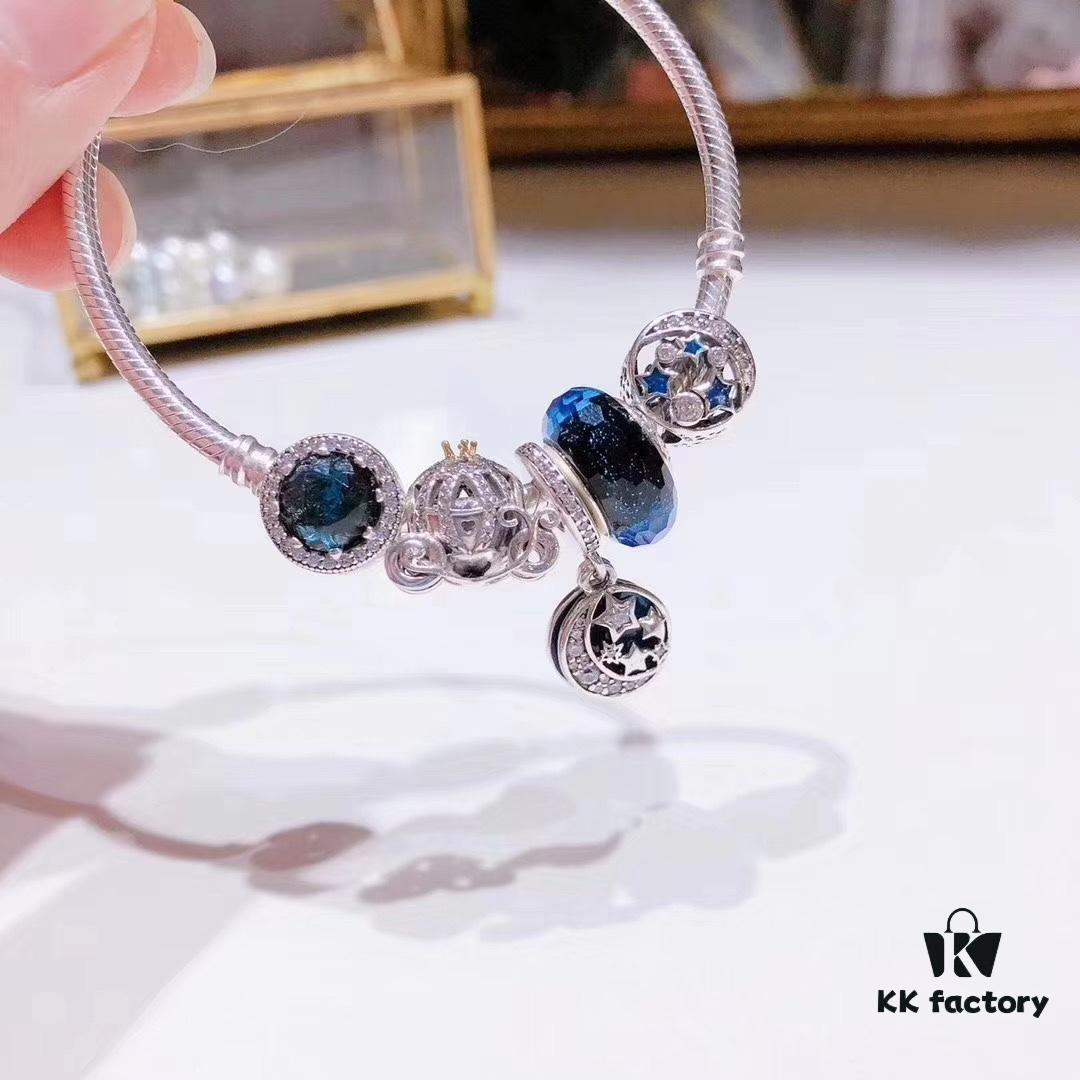 Pandora Shining Blue Star and Moon ☪ New Arrival! ZP Material, Exquisite Craftsmanship, Quality Comparable to ZP! Shimmering Blue Faceted Glass, Fairy-Tale Pumpkin Carriage, Sparkling Dark Blue Cat's Eye, Vintage Night Sky Openwork Star and Moon Bead, Vintage Night Sky Star and Moon ☪ Pendant, Comes with Packaging!