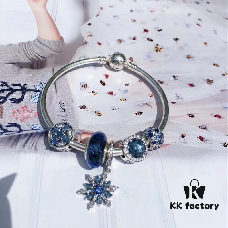 Pandora Icy Snowflake New Arrival! Brilliant Blue Faceted Glass, Sparkling Diamond-Cut Blue Cat's Eye, Cross Snowflake Charm, Full Diamond Blue Bead with Sparkling Blue Snowflake Pendant. Made with S925 Silver and Authentic Store Packaging!