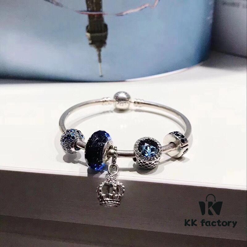 Pandora New Arrivals! Elegant Blue Hollow Crown Pendant with Shimmering Blue Enamel and Sparkling Cubic Zirconia, Paired with Original Bracelet