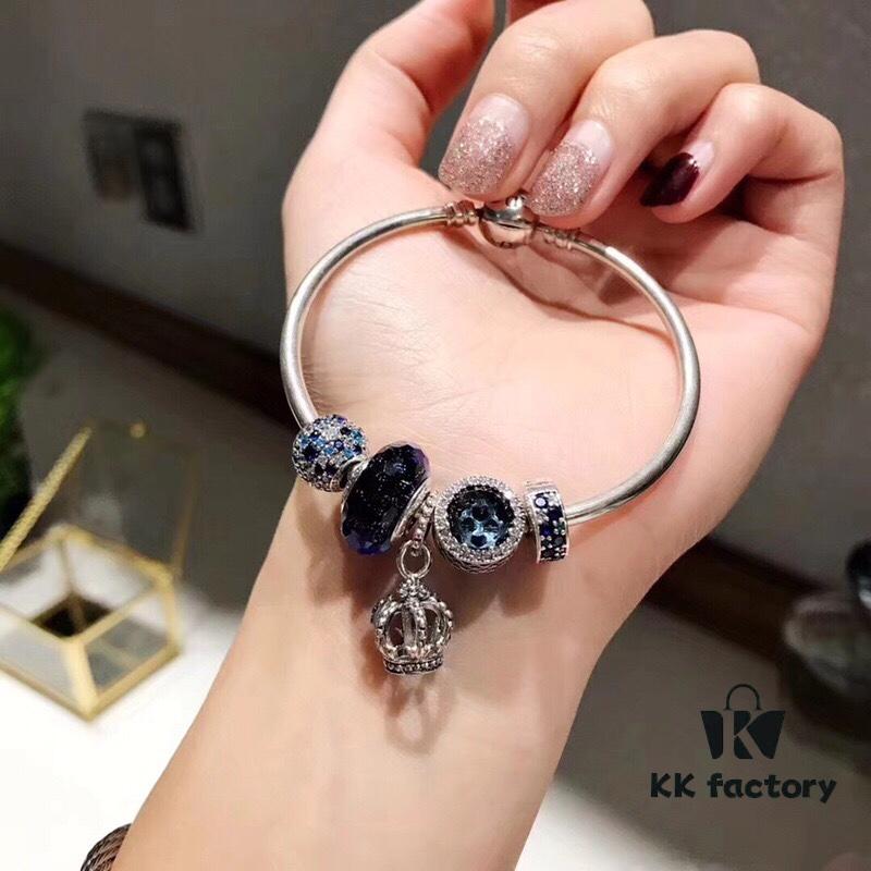 Pandora New Arrivals! Elegant Blue Hollow Crown Pendant with Shimmering Blue Enamel and Sparkling Cubic Zirconia, Paired with Original Bracelet